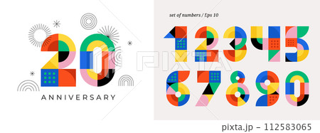 Anniversary concept design. Modern geometric style. Fireworks and celebration colorful background 112583065