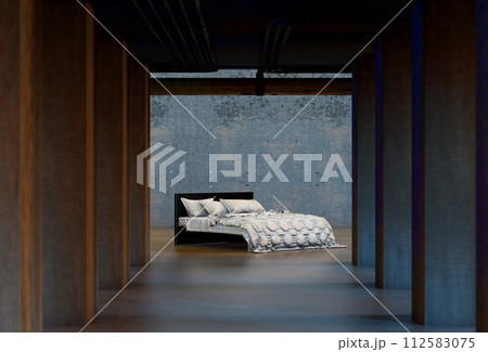 Bed and modern architecture in the dark. 112583075