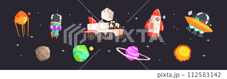 Space Exploration with Satellite, Rocket Shuttle, Planet and Lunar Rover Vector Set 112583142
