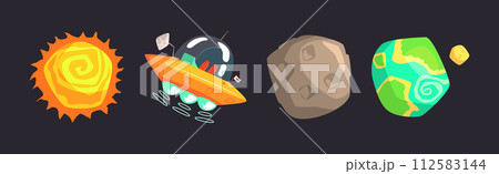 Space Exploration with Sun, Moon, Earth and Ufo Shuttle Vector Set 112583144