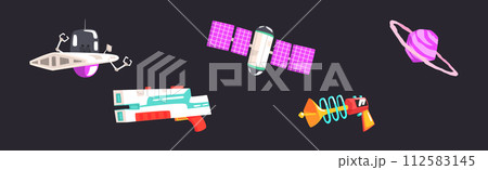 Space Exploration with Robot, Fantastic Weapon, Planet and Satellite Vector Set 112583145