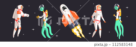 Space Exploration with Rocket, Man, Woman and Alien Vector Set Space Exploration with Rocket, Man, Woman and Alien Vector Set 112583148