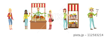 Man and Woman Farmer Character Sell Local Food Vector Set Man and Woman Farmer Character Sell Local Food Vector Set 112583214