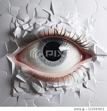 A close-up view of an eye looking through a cracked wall, showing the intricate details of the iris and pupil through the crevices. 112583451
