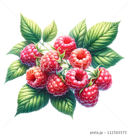 red ripe raspberries with leaves isolated on white 112583573
