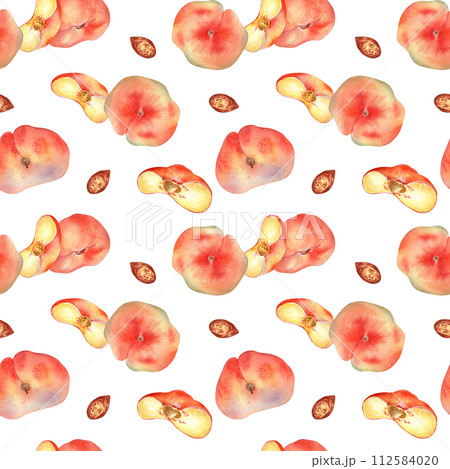 Watercolor seamless pattern with fig peaches and slice isolated on white background. Whole ripe and half fruits. Chines peaches hand drawn. Design element for package, textile, wrapping paper, fabric 112584020