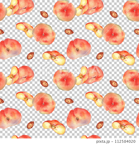 Watercolor seamless pattern with fig peaches and slice isolated on white background. Whole ripe and half fruits. Chines peaches hand drawn. Design element for package, textile, wrapping paper, fabric 112584020
