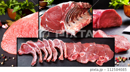 Delicious and tasty food collage of raw meat and butchery products. Delicious and tasty food collage of raw meat and butchery products. 112584085