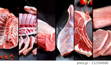 Delicious and tasty food collage of raw meat and butchery products. Delicious and tasty food collage of raw meat and butchery products. 112584086