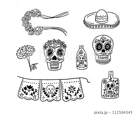 Black sketch drawings of items related to Dead day. Vector black outline drawings on white background. Ideal for decoration, coloring pages, stickers, tattoo, pattern 112584345