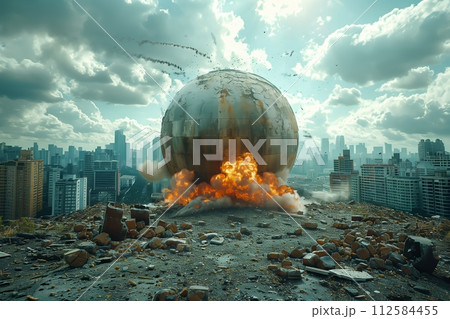 AI-generated content. Exploding globe in ruined...のイラスト素材 [112584455 ...