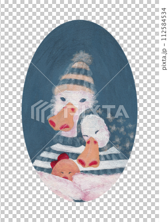 Cartoon family couple of ducks with an egg. Easter card. Colorful illustration on canvas with acrylic Cartoon family couple of ducks with an egg. Easter card. Colorful illustration on canvas with acrylic 112584534