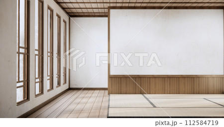 Minimalist Interior with wooden japan empty wall background mockup Minimalist Interior with wooden japan empty wall background mockup 112584719