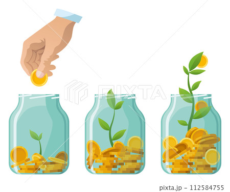 Investing bottle money, icon set. Money growing concept, finance savings tree, finances investment. Money growing plant step with deposit coin in bank concept Investing bottle money, icon set. Money growing concept, finance savings tree, finances investment. Money growing plant step with deposit coin in bank concept 112584755