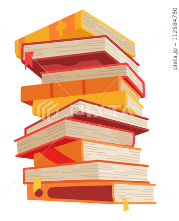 High book stacks or pile. Library textbooks and school literature heaps, dictionaries. Bookstore advertise. Cartoon stacked books angle view with different colorful covers isolated on white 112584780