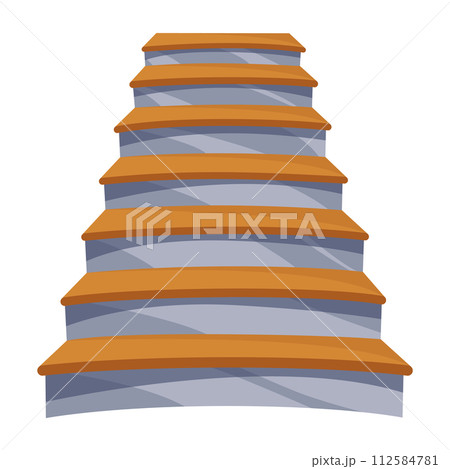 Game castle stairs in cartoon style. Medieval ancient ladder flights without railings, wood and marble step treads. Vector staircase isolated on white background 112584781