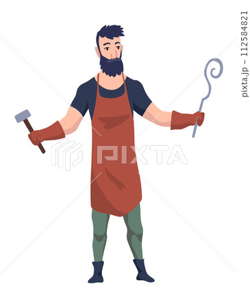 Blacksmith worker. Craftsmanship making steel tools. Character with hammer making goods in foundry workshop. Worker making some items. Vector cartoon person 112584821
