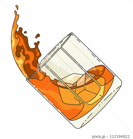 Glass of whiskey smokey scotch with ice and pouring drink. Vector alcohol product advertising vintage design isolated on white background 112584822