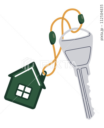 Door keys keyfob. Ring with trinket, keychains plastic tag hanging on keyring. House, apartment or room locking accessories. Cartoon flat vector isolated on white background 112584835