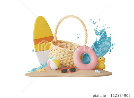 Summer elements 3d icon clipart island isolated on white background, Minimal Realistic objects for mock-up with summer theme, beach umbrella, sand, inflatable ring, vacation time to travel. Summer elements 3d icon clipart island isolated on white background, Minimal Realistic objects for mock-up with summer theme, beach umbrella, sand, inflatable ring, vacation time to travel. 112584903