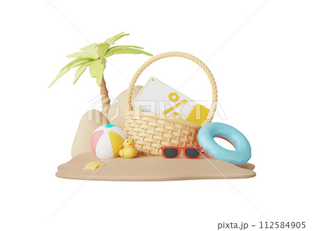 Summer elements 3d icon clipart island isolated on white background, Minimal Realistic objects for mock-up with summer theme, beach umbrella, sand, inflatable ring, vacation time to travel. 112584905
