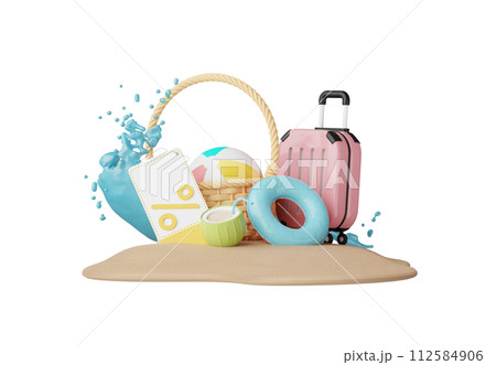 Summer elements 3d icon clipart island isolated on white background, Minimal Realistic objects for mock-up with summer theme, beach umbrella, sand, inflatable ring, vacation time to travel. 112584906