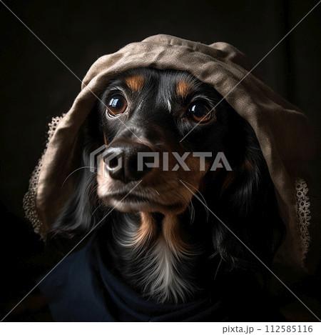 Dachshund dog wearing blanket on its head, looking slightly confused and adorable. Blanket covers the dogs face, with only its eyes peeking out. Dog seems to be cozy and comfortable under the blanket. 112585116