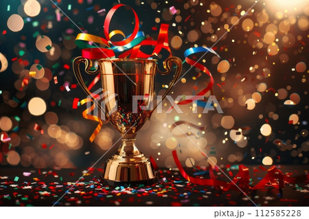 Shiny sparkling champion gold cup on a bright background with sparkles and confetti and festive satin ribbons, first place Trophy cup 112585228
