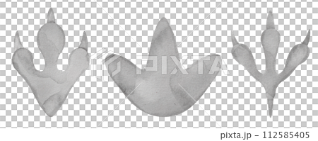 Dinosaur Footprints Set Watercolor clip art. Dino paw track illustration. Hand drawn on isolated background. Drawing of different animals step silhouette. Jurassic period fossil. For kids prints. 112585405