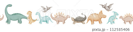 Dinosaur seamless Border Watercolor illustration. Hand drawn Baby Dino on isolated background. Drawing of cute cartoon characters for card. Prehistoric animals sketch for kids. For a frame or pattern. 112585406