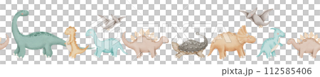 Dinosaur seamless Border Watercolor illustration. Hand drawn Baby Dino on isolated background. Drawing of cute cartoon characters for card. Prehistoric animals sketch for kids. For a frame or pattern. 112585406