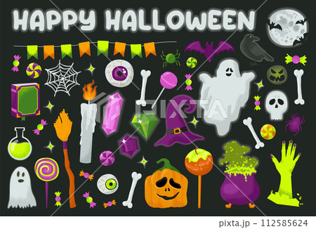 Halloween element set. Greeting card, party invitation, poster, or sticker kit. Halloween celebrating. Scary night traditional objects, carnival decorations. Flat vector illustration Halloween element set. Greeting card, party invitation, poster, or sticker kit. Halloween celebrating. Scary night traditional objects, carnival decorations. Flat vector illustration 112585624