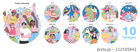 Festive Occasions set. Global celebrations and personal milestones. Joyful gatherings, gift exchanges, and cultural festivities. Flat vector illustration. 112585641