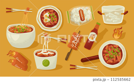 Tteokbokki. Traditional asian street food. Korean stir-fried rice cakes. Spiced with hot chili paste. Tteokbokki dishes. Flat vector illustration 112585662