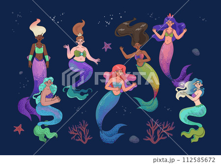 Beautiful mermaid princesses. Diverse magical characters with colorful hair and tails. Underwater fairy creatures living in the ocean. Fantasy world with marine seaweed. Flat vector illustration Beautiful mermaid princesses. Diverse magical characters with colorful hair and tails. Underwater fairy creatures living in the ocean. Fantasy world with marine seaweed. Flat vector illustration 112585672