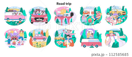 Road trip set. Young people or family going on vacation by a car. Characters driving automobile on holidays, traveling the world together. Flat vector illustration 112585685