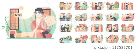 Daily routine of a japanese man set. Modern clerk working, spending time with friends and family. Businessman schedule. Office work and household life. Flat vector illustration 112585701