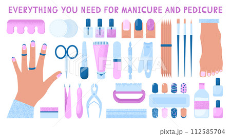 Various manicure and pedicure accessory set. Professional equipment and tools for nail care. Scissors, file, tweezers, polish, hand cream, polish remover, brush etc. Flat vector illustration 112585704