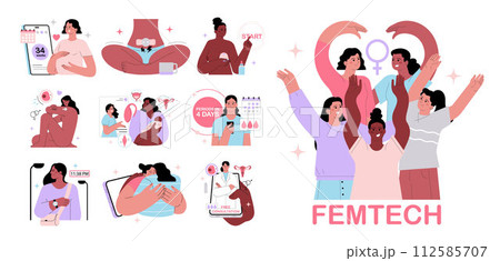 FEMTECH set. Technologies, software, products and services for woman's health, wellbeing and security. Menstrual cycle, fertility, pregnancy and postpatrum support. Flat vector illustration 112585707