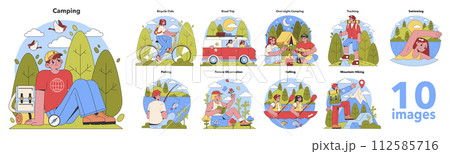 A series of colorful, playful vector illustrations showcasing various outdoor activities, including camping, biking, fishing, and hiking, encapsulating the joy of nature adventures. 112585716