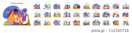 Group of friends activities, from music and beaches to crafting and games. Diverse interests and bonding leisure with loved ones. Scenes with people having fun together. Flat vector illustration. Group of friends activities, from music and beaches to crafting and games. Diverse interests and bonding leisure with loved ones. Scenes with people having fun together. Flat vector illustration. 112585728