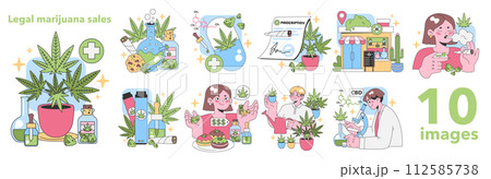 Legal marijuana set. Modern cannabis industry visuals. Customers explore products, doctors prescribe, stores sell. Relaxation, medication, recreation. Flat vector illustration 112585738