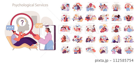 Psychological services concept. Comprehensive overview of therapy forms, from trauma to play therapy. 112585754