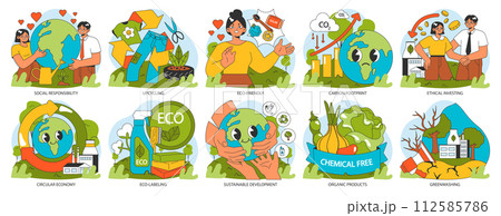 Conscious or ethical living set. Sustainable development and zero waste lifestyle. Circular economy, business and social responsibility to reduce carbon footprint. Flat vector illustration. Conscious or ethical living set. Sustainable development and zero waste lifestyle. Circular economy, business and social responsibility to reduce carbon footprint. Flat vector illustration. 112585786