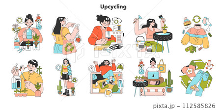 Upcycling. Process and technique of reuse and utilizing waste. Zero waste craft idea. Second life for old stuff. Sustainability idea. Flat vector illustration 112585826