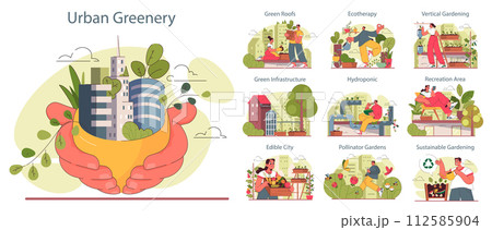 Urban farming or gardening set. City horticulture practices. Characters planting and watering the sprout, growing food on the roof or balcony. Freen recreational areas. Flat vector illustration Urban farming or gardening set. City horticulture practices. Characters planting and watering the sprout, growing food on the roof or balcony. Freen recreational areas. Flat vector illustration 112585904