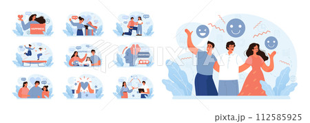 Happiness set. Joyful individuals expressing positive emotions. Dancing on trampoline, family bonding, brain releasing endorphins. Moments of elation and contentment. Flat vector illustration 112585925