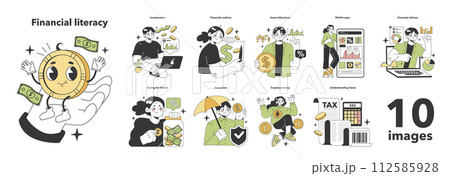 Financial literacy set. Personal budget development, money planning and control. Currency balance, assets management. Financial well-being. Flat vector illustration 112585928