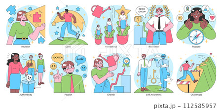 Finding your way in life set. Diverse character navigating personal development and career paths. Improvement and growth, resilience and self-awareness. Soft skills. Flat vector illustration. 112585957