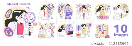 Medical research set. Biotechnology, medicine and pharmacology development. Innovative technologies, clinical trials and tests. Flat vector illustration Medical research set. Biotechnology, medicine and pharmacology development. Innovative technologies, clinical trials and tests. Flat vector illustration 112585965